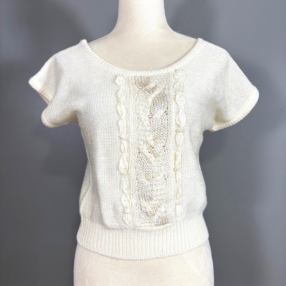 Vintage Beldoch Petite Cable Wool Sweater S Pearl Ribbon Ballet Coquette‎ Dainty